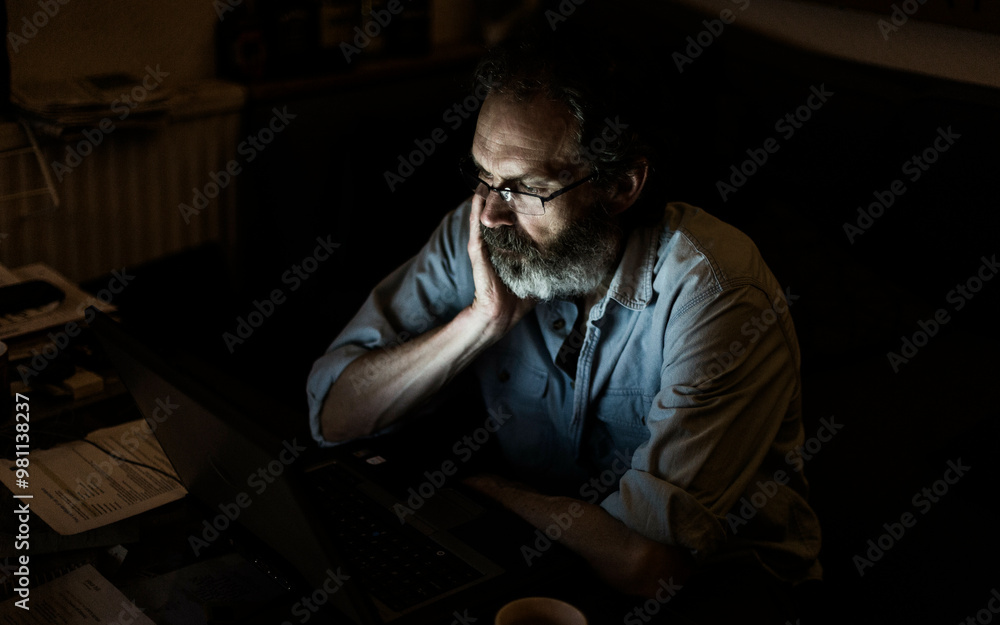 Mature man with a beard working late on a laptop in a dimly lit room, looking focused and contemplative. Mature man with a beard working late on a laptop in a dimly lit room, looking focused and contemplative.