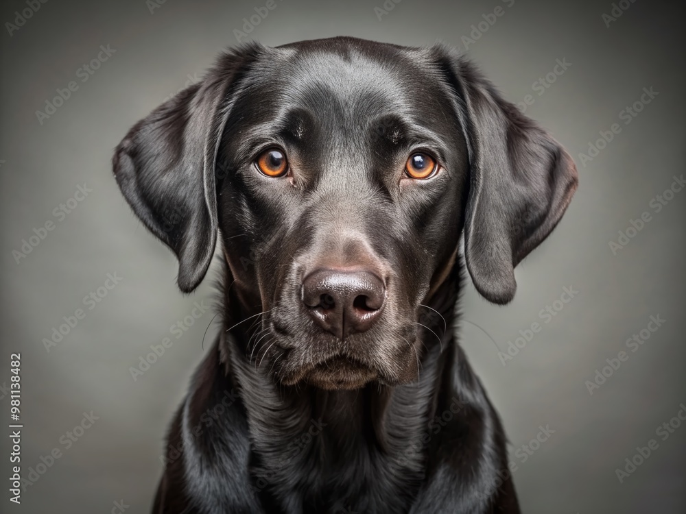 Adorable black labrador retriever with floppy ears and sweet expression sits on a light gray background, looking directly at the camera with big brown eyes. Adorable black labrador retriever with floppy ears and sweet expression sits on a light gray background, looking directly at the camera with big brown eyes.