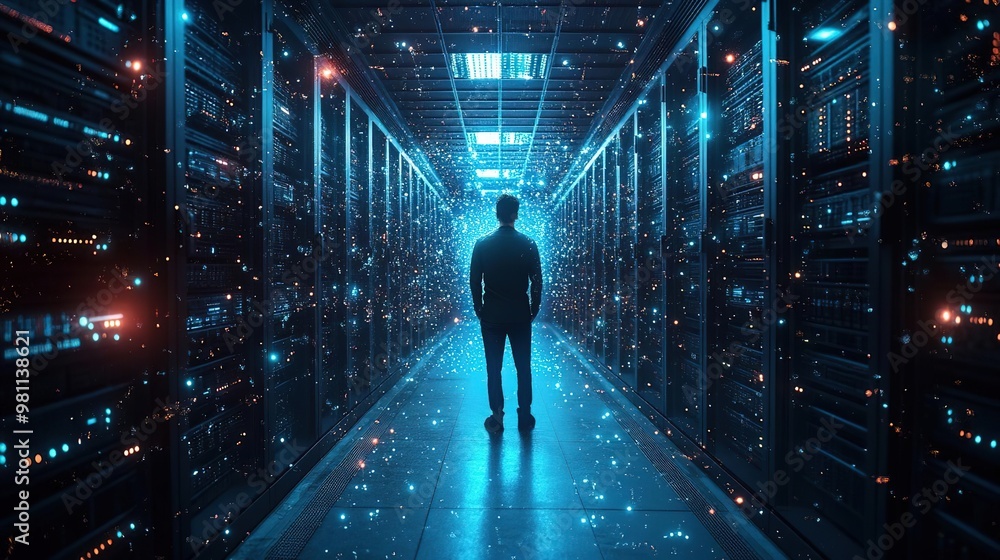 A silhouette of a person in a futuristic data center surrounded by glowing servers, symbolizing technology and connectivity. A silhouette of a person in a futuristic data center surrounded by glowing servers, symbolizing technology and connectivity.