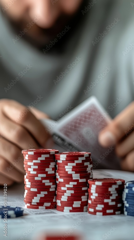 Man with poker chips and a financial newspaper, deciding between betting and investing Man with poker chips and a financial newspaper, deciding between betting and investing