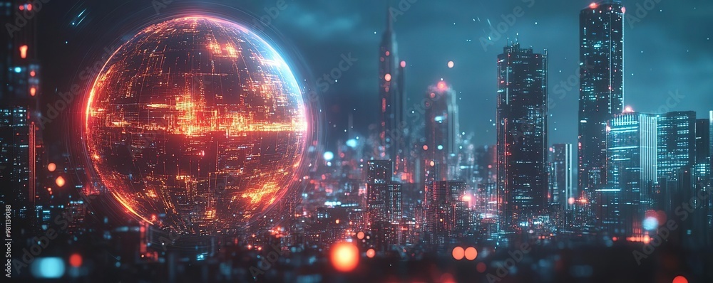 Fototapeta premium Futuristic city skyline with glowing orb, vibrant neon lights, and a stunning digital atmosphere creating a sci-fi vibe.