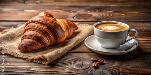 Perfect breakfast of croissant and coffee on wooden table in rustic style photo