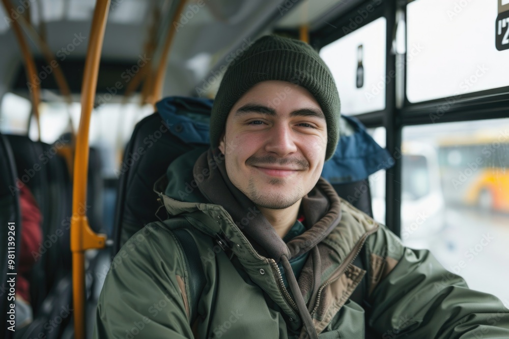 A person sitting on a public bus wearing a hat, perfect for transportation or travel scenes A person sitting on a public bus wearing a hat, perfect for transportation or travel scenes