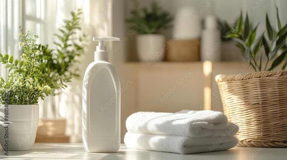 A serene bathroom setting with white towels, a pump bottle, and vibrant green plants, evoking freshness and relaxation. A serene bathroom setting with white towels, a pump bottle, and vibrant green plants, evoking freshness and relaxation.