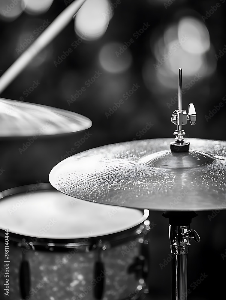Fototapeta premium Close up of a drum set with cymbals and drumsticks in black and white.