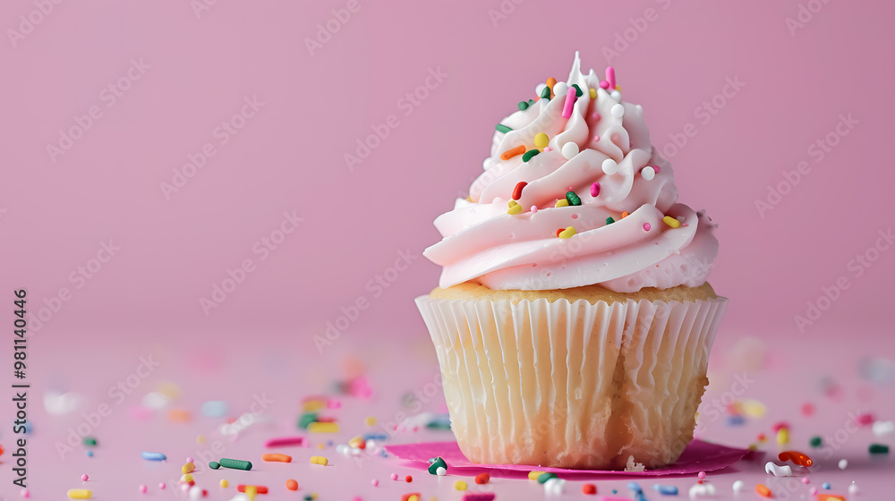 Composition with a birthday cupcake on a pink background. Composition with a birthday cupcake on a pink background.