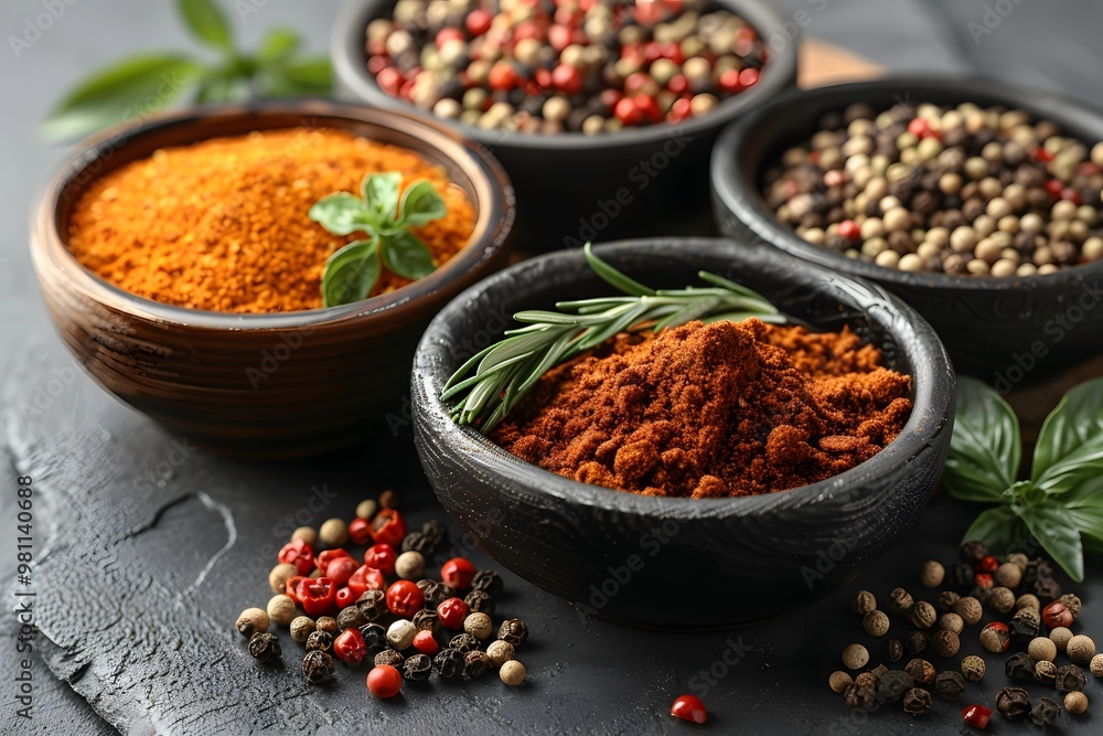 Assorted Spices in Bowls with Fresh Herbs on Slate Surface - Culinary Ingredients for Cooking and Seasoning Assorted Spices in Bowls with Fresh Herbs on Slate Surface - Culinary Ingredients for Cooking and Seasoning