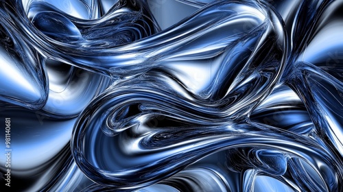 Abstract Blue Metallic Swirls - Digital Art