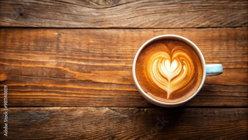 Top view of latte coffee cup on wooden table with heart shaped surface, cozy and romantic atmosphere