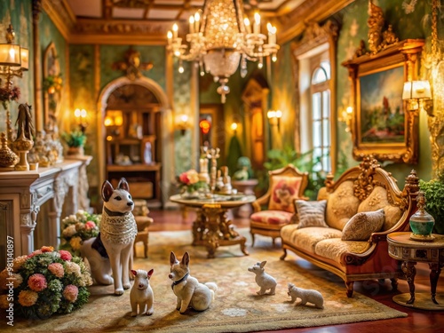 Whimsical miniature animal figurines inhabit an opulently furnished, lavishly decorated upscale residence, complete photo