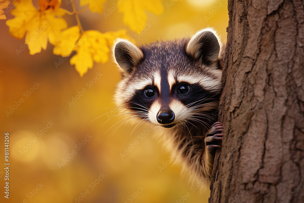 Fototapeta premium Adorable raccoon peeking from behind a tree with vibrant autumn leaves in the background, creating a playful and nature-inspired scene