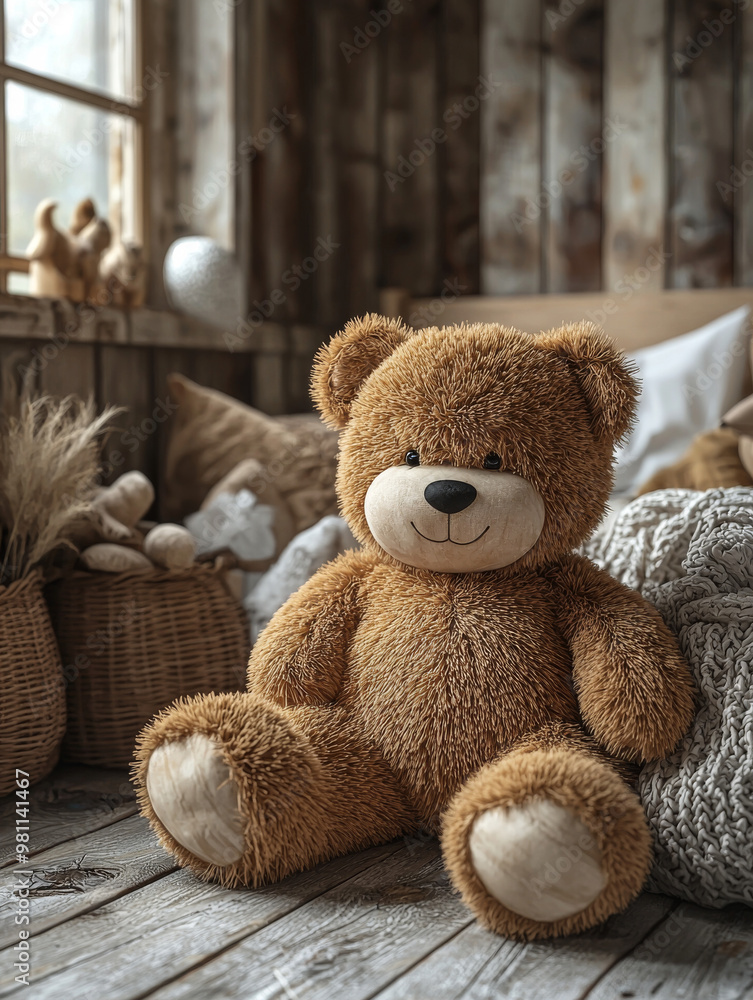 Plush teddy bear sits on wooden floor.