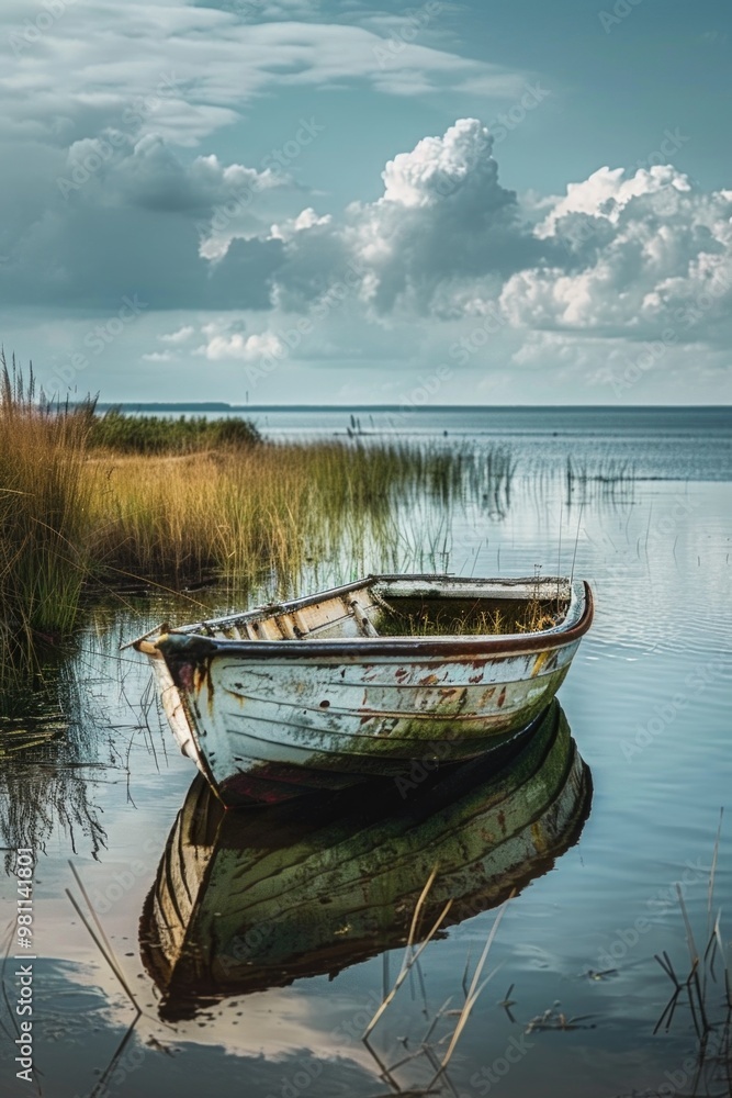 Obraz premium A small boat floating on still water