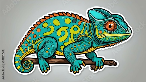 Colorful cartoon chameleon sticker with a white background.