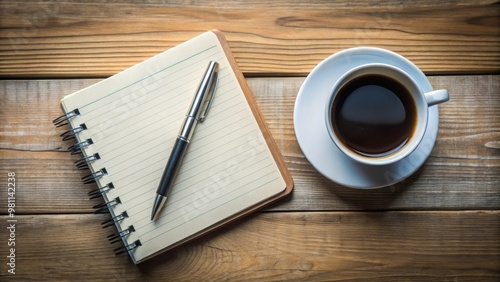 Stock photo of an opened notepad with a pen and coffee cup nearby