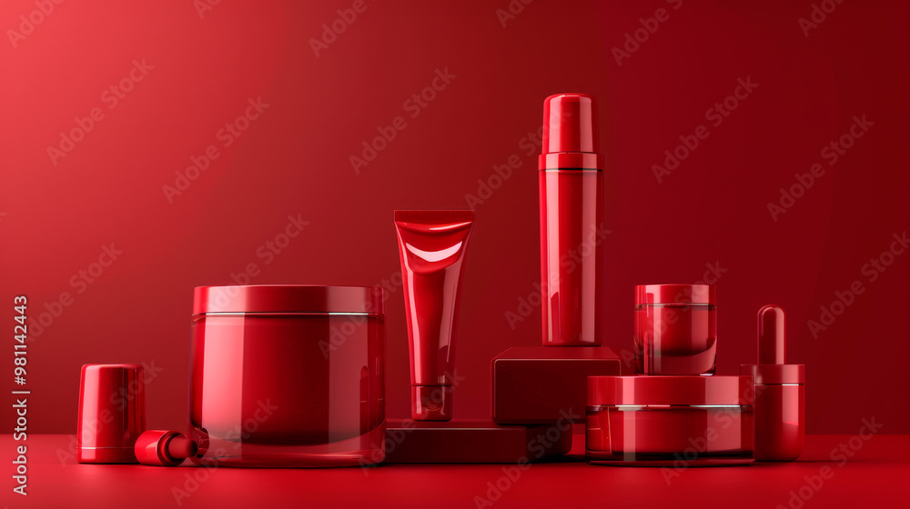 A collection of stylish red cosmetic containers is displayed against a matching red background, showcasing various shapes and sizes ideal for beauty products A collection of stylish red cosmetic containers is displayed against a matching red background, showcasing various shapes and sizes ideal for beauty products