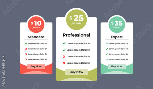 3 column comparison price chart template design for web business