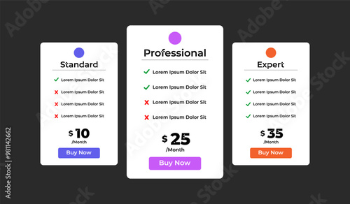 3 column comparison price chart template design for web business
