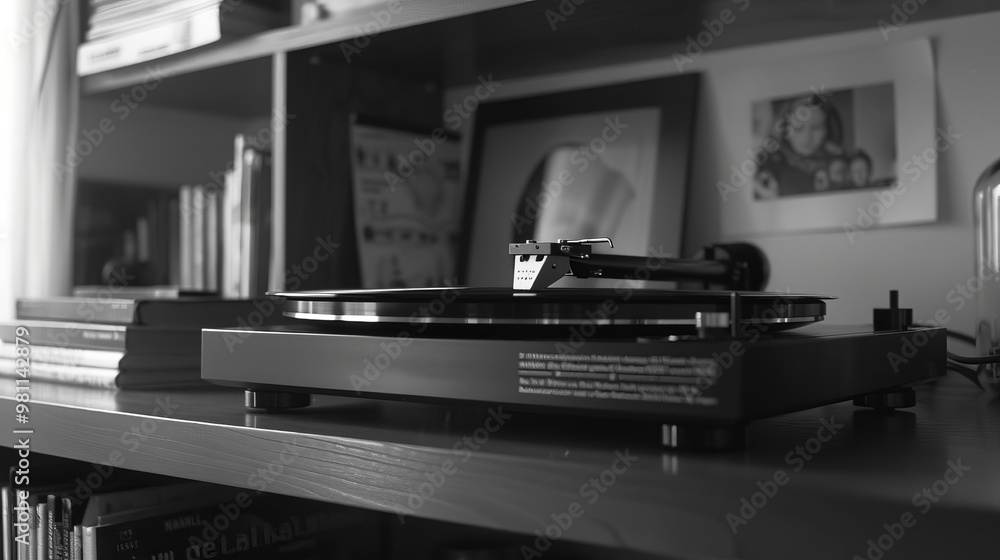Black and white vinyl record player, on shelf, 8K resolution, detailed and crisp, retro and modern, high-quality photography Black and white vinyl record player, on shelf, 8K resolution, detailed and crisp, retro and modern, high-quality photography