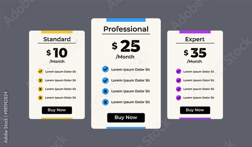 3 column comparison price chart template design for web business
