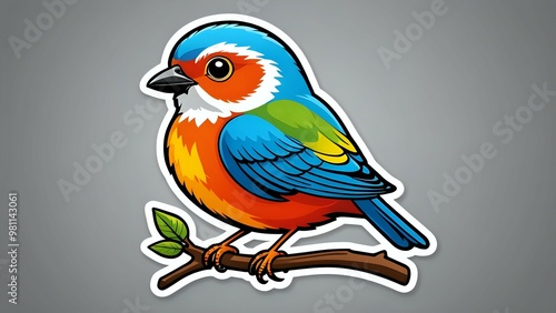 A colorful cartoon bird perched on a branch with green leaves.