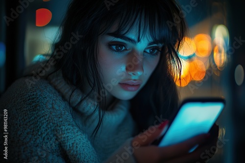 Woman Checking Smartphone at Night:  Immersed in Technology photo