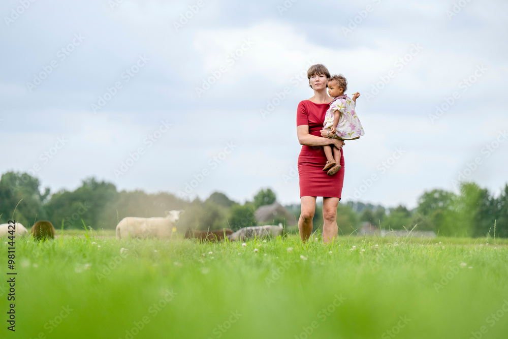 Woman in red dress holding a child stands in a green field with sheep grazing in the background. Woman in red dress holding a child stands in a green field with sheep grazing in the background.