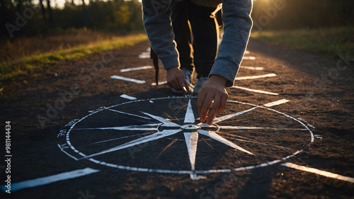 Person Creating a Compass Design on the Ground at Sunset