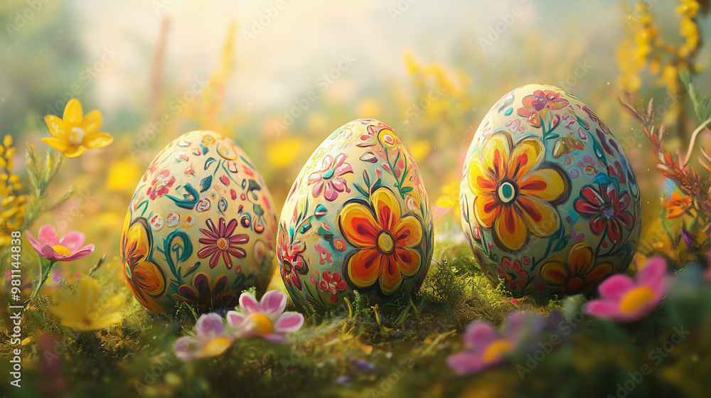 Decorated Easter eggs in a flower field, cheerful mood, vibrant colors, digital illustration, copy space
Decorated Easter eggs in a flower field, cheerful mood, vibrant colors, digital illustration, copy space