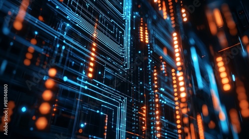 Futuristic digital circuit with glowing lines and nodes, representing advanced technology and data connectivity.