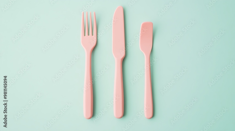 Pink plastic fork, knife and spoon on a mint green background. Pink plastic fork, knife and spoon on a mint green background.