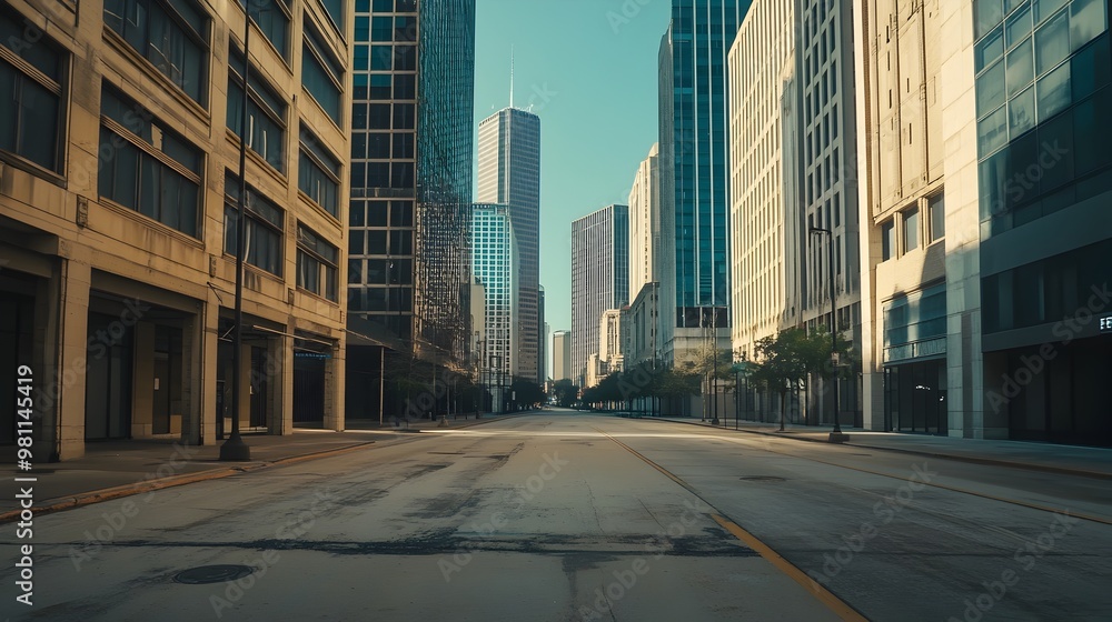 Deserted Cityscape with Towering Skyscrapers and Empty City Street Deserted Cityscape with Towering Skyscrapers and Empty City Street