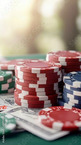 Closeup of a winning poker hand surrounded by stacks of chips and cash, capturing the moment of profit photo