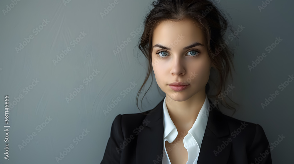 Confidence and charisma. Young business woman in suit looking at camera. Grey background Confidence and charisma. Young business woman in suit looking at camera. Grey background
