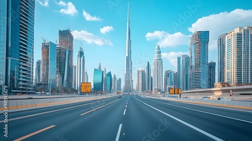 Bustling Cityscape with Towering Skyscrapers and Busy Street Traffic in Modern Metropolis