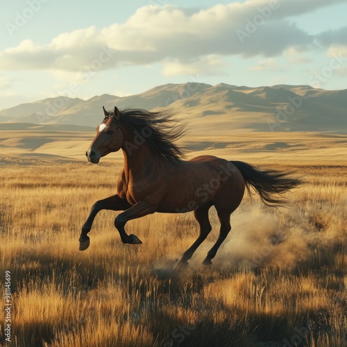 A bay horse with a white star on its forehead runs through a field of tall golden grass at sunset, kicking up dust with its hooves.