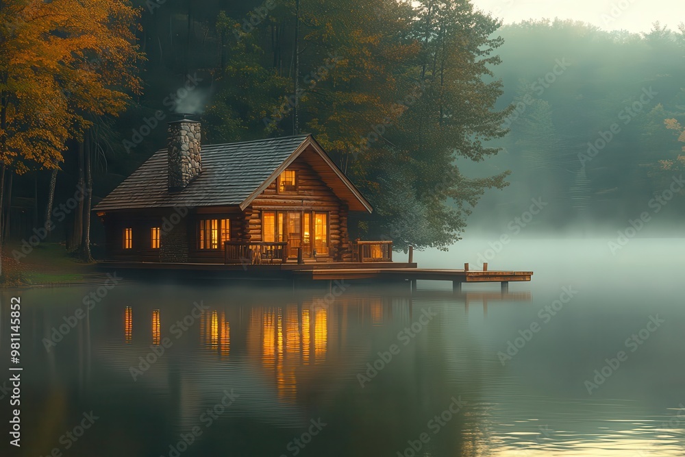 idyllic lakeside retreat rustic log cabin nestled among pines private dock extends into mirrorlike water mist rises in golden morning light idyllic lakeside retreat rustic log cabin nestled among pines private dock extends into mirrorlike water mist rises in golden morning light