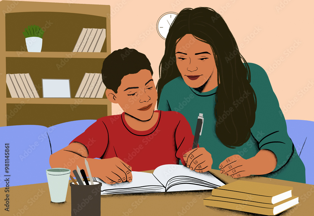 A woman and a young boy are engaged in studying with books and stationery on a table. A woman and a young boy are engaged in studying with books and stationery on a table.