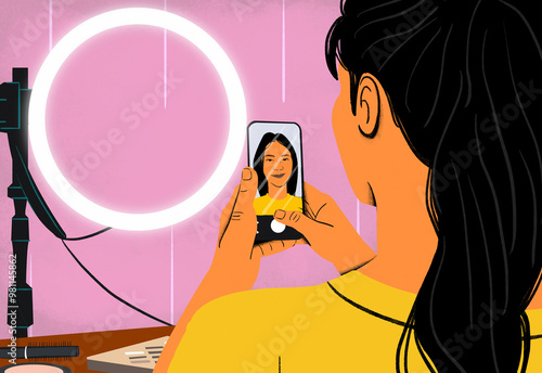 A woman records a vlog with her smartphone, using a ring light for better lighting.
