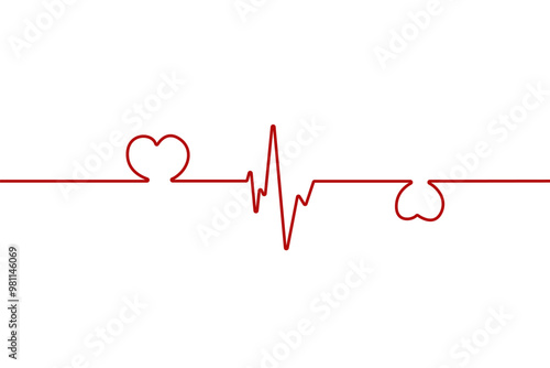 Heart pulse one line red cardiogram sign vector heartbeat, cardiogram in the form of pulsation of two hearts.Red Ecg Heartbeat Lines With Hearts Collection