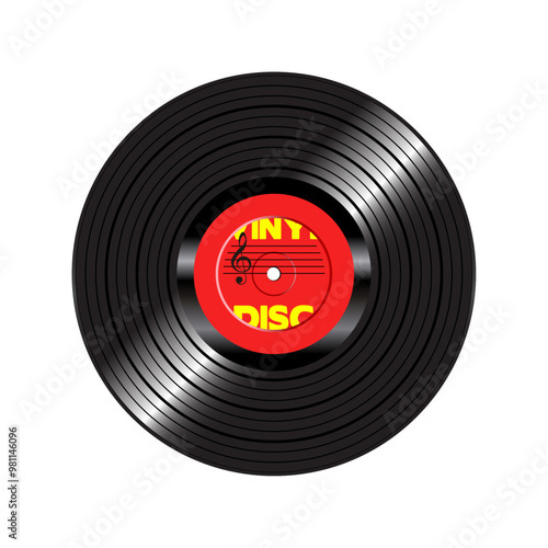 Long play vynil record with red paper label isolated on white background.	
