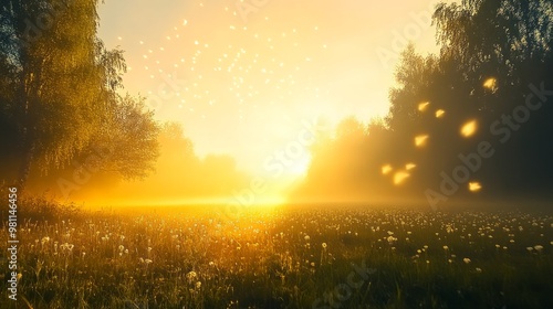 Golden Hour Sunrise in a Misty Meadow