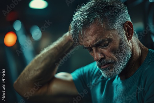 Migraine and Fatigue During Workout: Older Man Struggling at Gym