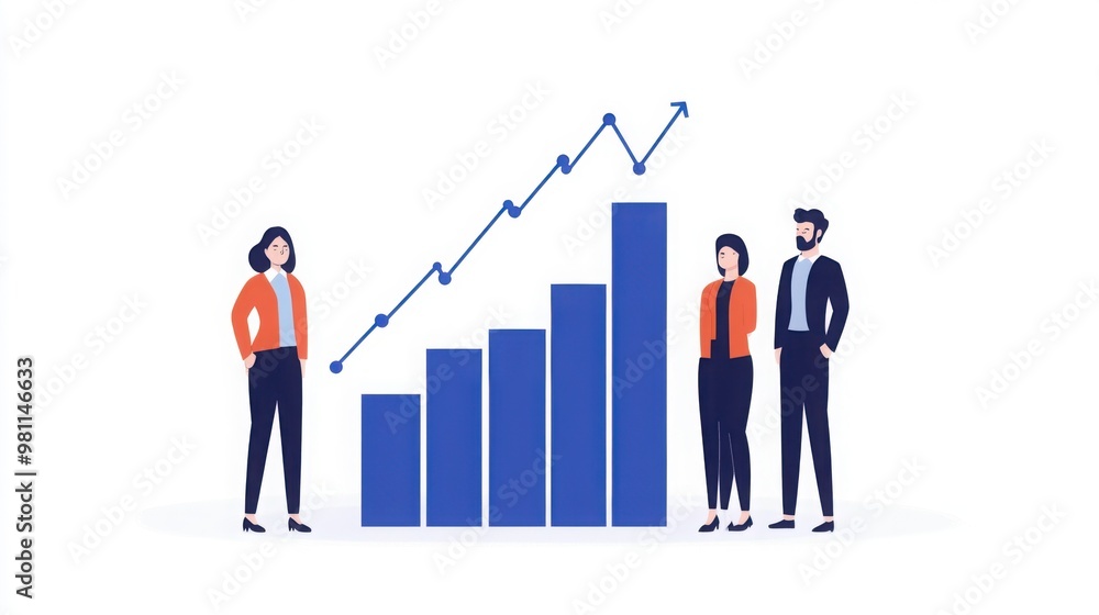 A graphic illustration of professionals observing a rising bar graph, symbolizing business growth and data visualization.