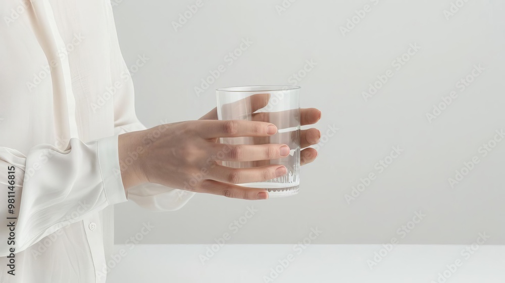 Close-up of woman holding glass, white space, placing on white table, minimalist design, clean and serene, high detail Close-up of woman holding glass, white space, placing on white table, minimalist design, clean and serene, high detail