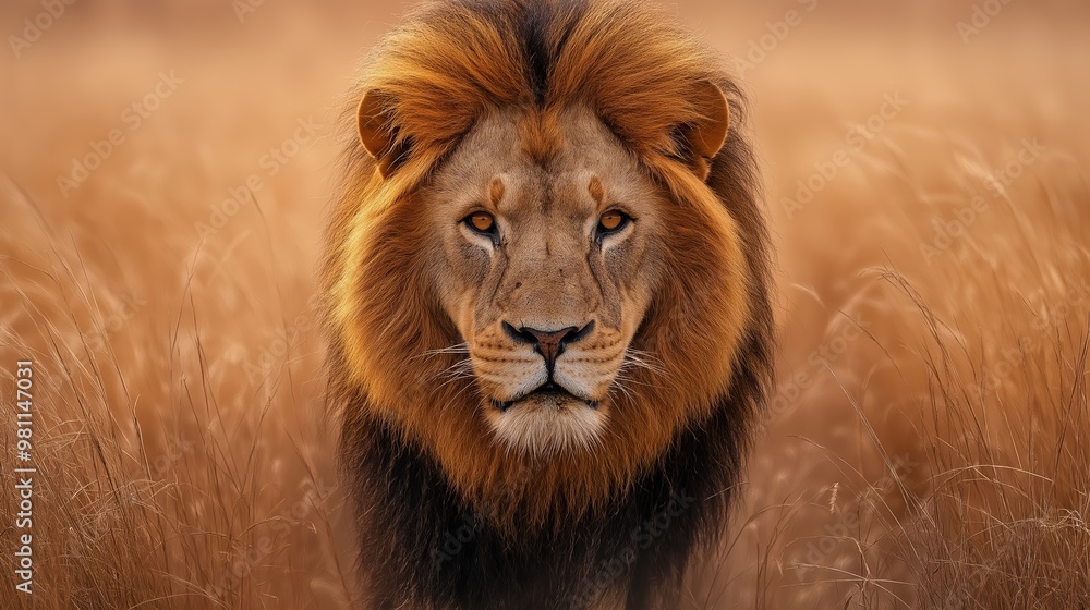 A majestic lion with a thick mane stands confidently in a golden grassland, exuding strength and dominance