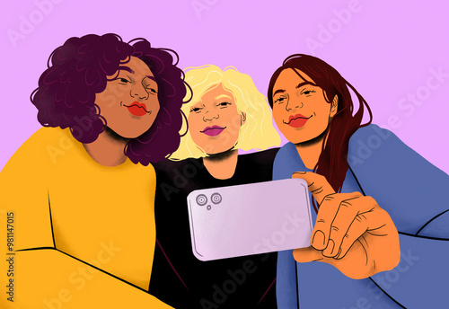 Three women taking a selfie together with a smartphone against a purple background.