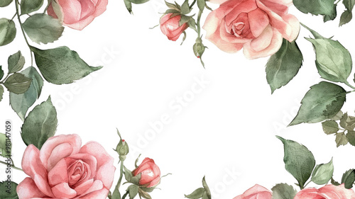 Red roses with green leaves on a white background. Watercolor border isolated with white background. Flat lay composition with copy space. Red rose frame and green leaves with background. AIG56.