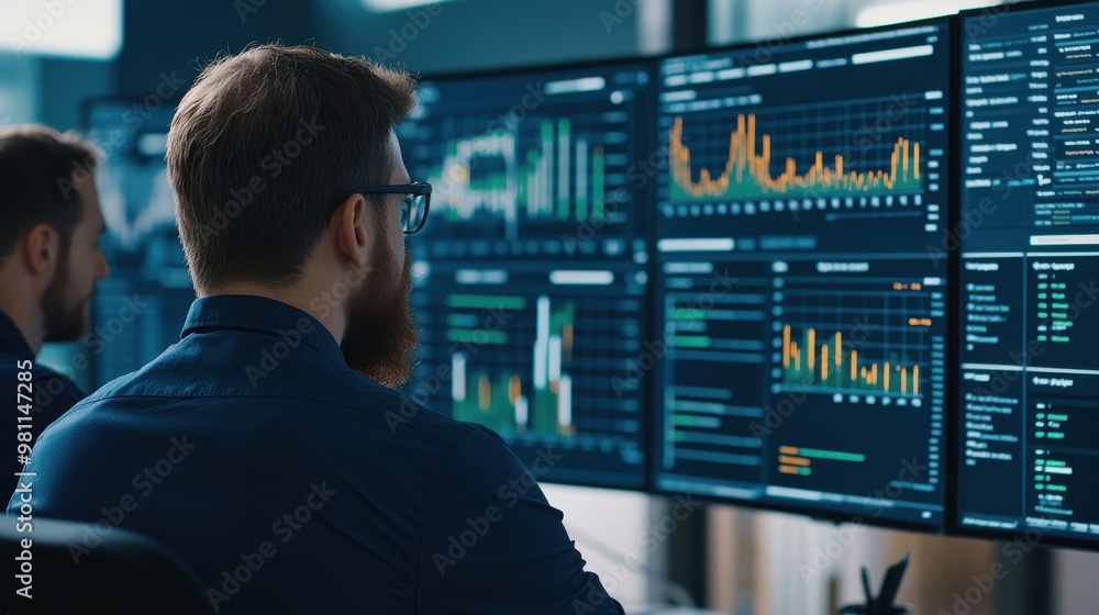 Professional analysts reviewing data on multiple screens, showcasing modern technology in a business environment. Professional analysts reviewing data on multiple screens, showcasing modern technology in a business environment.