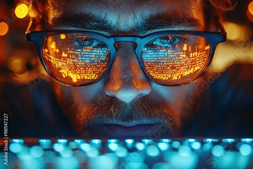 intense closeup of programmers hands typing on illuminated keyboard conveying the fastpaced world of software development with streams of code reflected in eyeglasses